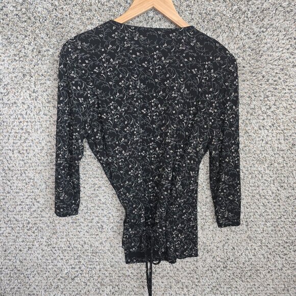Talbots Top‎ Womens Medium Black Floral Print Surplice Neck Wrap Blouse Ladies - Picture 7 of 7